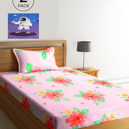 KLOTTHE Pink & Green Floral 210 TC Polycotton 2 Single Bedsheet with 2 Pillow Covers-image-85