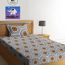 KLOTTHE Grey & Blue Geometric 210 TC Polycotton 2 Single Bedsheet with 2 Pillow Covers-image-85