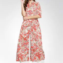 Sera Women Orange & Green Floral Printed High Slit A-Line Pure Cotton Kurta with Palazzos-picture-0