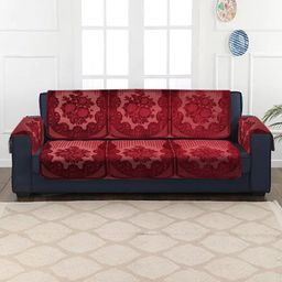 HOSTA HOMES Maroon & Grey Velvet Self Embossed 5 Seater Sofa Cover-32