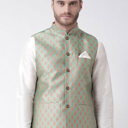 DEYANN Men Green & Orange Woven Design Nehru Jacket-36