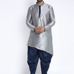 Benstoke Men Grey & Blue Self Design Kurta with Dhoti Pants-picture-7