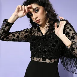 Athena Black Floral V Neck Net Maxi Dress-image-51