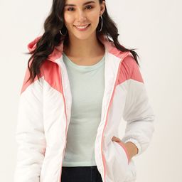 DressBerry Women White & Pink Colourblocked Hooded Bomber Jacket-image-79