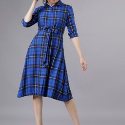 Tokyo Talkies Women Blue & Black Checked Shirt Dress-image-42
