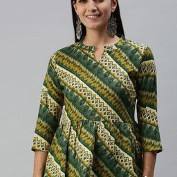 SheWill Green & Multicoloured Mandarin Collar Peplum Top-picture-3