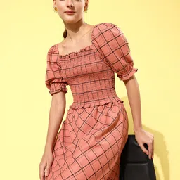 Marie Claire Women Attractive Peach Checked Volume Play Dress-image-16