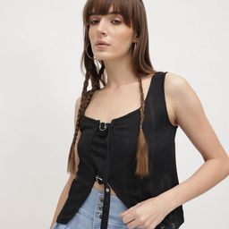 The Roadster Life Co. Vertically Self-Striped Scoop Neck Buckle Detail Asymmetric Hem Top-image-26