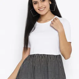 THREAD MUSTER White & Black Colourblocked Georgette A-Line Top-picture-12