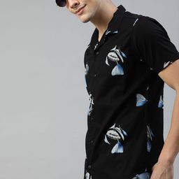 HERE&NOW Men Black & Grey Slim Fit Printed Cuban Collar Casual Shirt-image-74