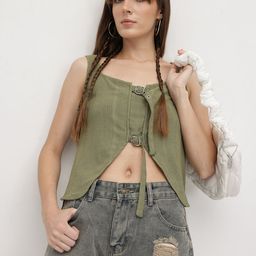 The Roadster Life Co. Vertically Self-Striped Scoop Neck Buckle Detail Asymmetric Hem Top-image-25