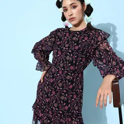 QUIERO Floral Print A-Line Dress With Ruffle Detail-image-33