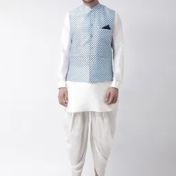 DEYANN Men Off-White & Blue Solid Kurta with Patiala and Nehru Jacket-picture-5