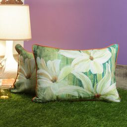Soumya Green & Cream-Coloured Set of 2 Floral Rectangle Cushion Covers-21