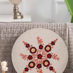 Mezposh Cream-Coloured & Maroon Set of Single Embroidered Round Cushion Covers-picture-25
