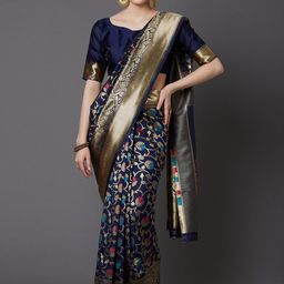 Saree mall Navy Blue & Pink Floral Zari Silk Blend Banarasi Sarees-image-66