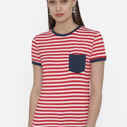 DOOR74 Women Red & White Striped Round Neck T-shirt-image-81
