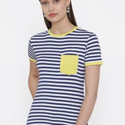 DOOR74 Women Blue & White Striped Round Neck T-shirt-image-45