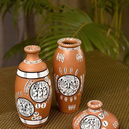Unravel India Set of 3 Brown & White Warli Handpainted Terracotta Pots-image-5