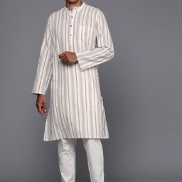 Fabindia Men Off White & Blue Pure Cotton Striped Kurta-image-63