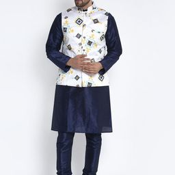 Benstoke Men Blue Solid Kurta with Churidar & Nehru Jacket-image-131