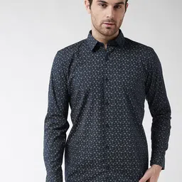SOJANYA Men Navy Blue & Gold-Toned Regular Fit Printed Casual Shirt-picture-10