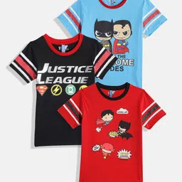 Here&Now X Game Begins Boys Pack of 3 Justice League Printed Pure Cotton T-shirts-image-61