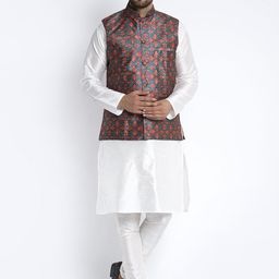 Benstoke Men White & Navy Blue Solid Kurta with Churidar & Nehru Jacket-picture-15