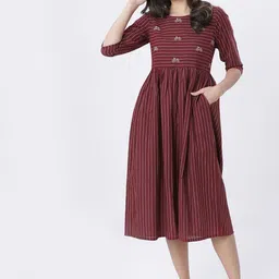 Vishudh Women Maroon & Off-White Striped Fit and Flare Dress-image-65