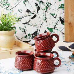 VarEesha Set of 4 Red Textured Ceramic Cups-25