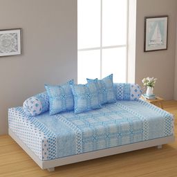 SWAYAM Set Of 6 Blue & White Geometric Printed Cotton Diwan Set-image-64