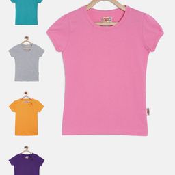 SINI MINI Girls Set Of 5 Solid Round Neck T-shirt-11