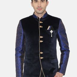 Wintage Men Navy Blue Velvet Bandhgala Blazer-picture-25