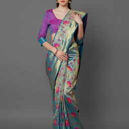 Mitera Turquoise Blue & Purple Silk Blend Woven Design Kanjeevaram Saree-picture-20