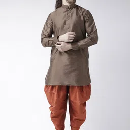 DEYANN Men Brown & Orange Solid Kurta with Dhoti Pants-image-72