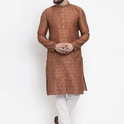 Jompers Men Brown & White Woven Design Kurta with Churidar-image-35