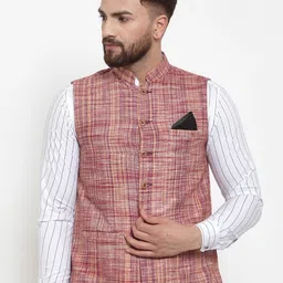 KLOTTHE Men Pink & Beige Woven Design Nehru Jacket-image-28