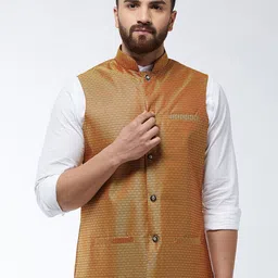 SOJANYA Men Mustard Yellow Woven Design Nehru Jacket-11