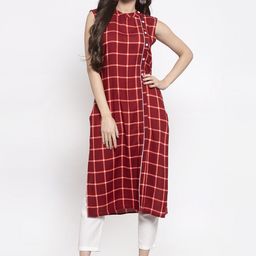 Indibelle Women Maroon & Orange Checked Straight Kurta-image-11