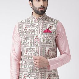 KISAH Men White & Green Printed Nehru Jacket-9