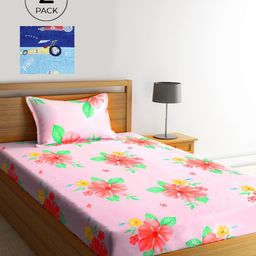 KLOTTHE Pink & Blue Floral 210 TC Polycotton 2 Single Bedsheet with 2 Pillow Covers-image-127
