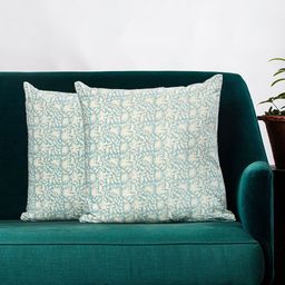Contrast Living Blue & Off-White Set of 2 Floral Square Cushion Covers-26