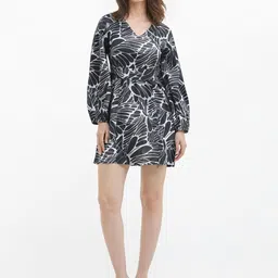 RAREISM Tropical Print Bishop Sleeves A-Line Dress-image-62