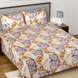 Kuber Industries White & Violet Floral King Bedsheet with 2 Pillow Covers-picture-58