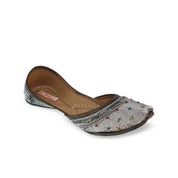 Fulkari Women Grey Embellished Leather Mojaris-image-69