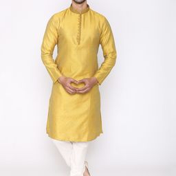 Manyavar Men Yellow & White Self Design Kurta with Churidar-image-40