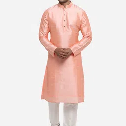 azania Men Peach-Coloured & Off-White Solid Kurta with Pyjamas-picture-8