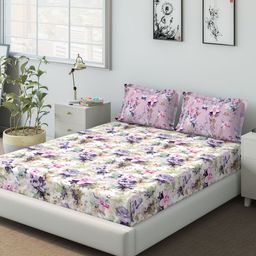 DDecor Purple Floral 140 TC Cotton 1 Queen Bedsheet with 2 Pillow Covers-image-75