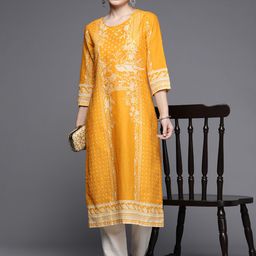 Biba Women Mustard Yellow & White Pure Cotton Ethnic Motifs Printed Kurta-picture-17
