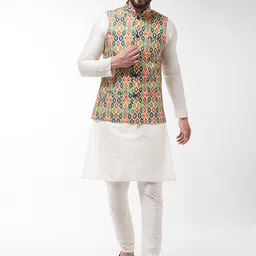 SOJANYA Men Off-White & Green Kurta with Churidar & Printed Nehru Jacket-17